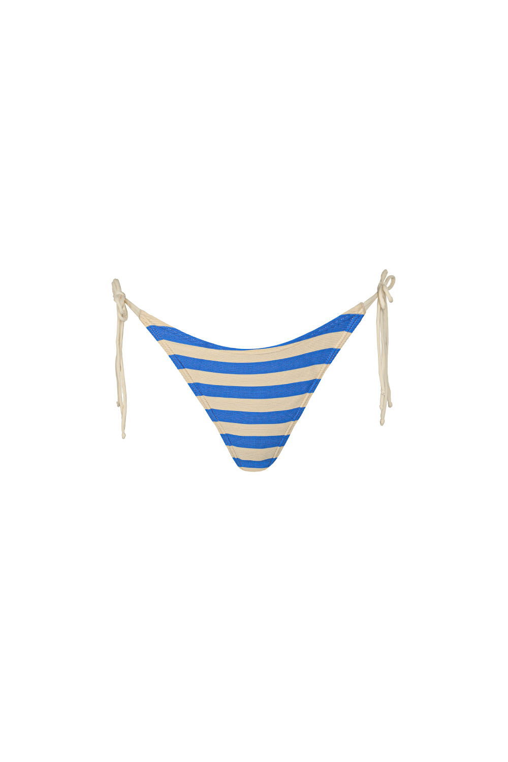 Blau-creme-gestreifte Bikini Hose aus geripptem Strukturstoff mit offwhite Bändern zum Binden