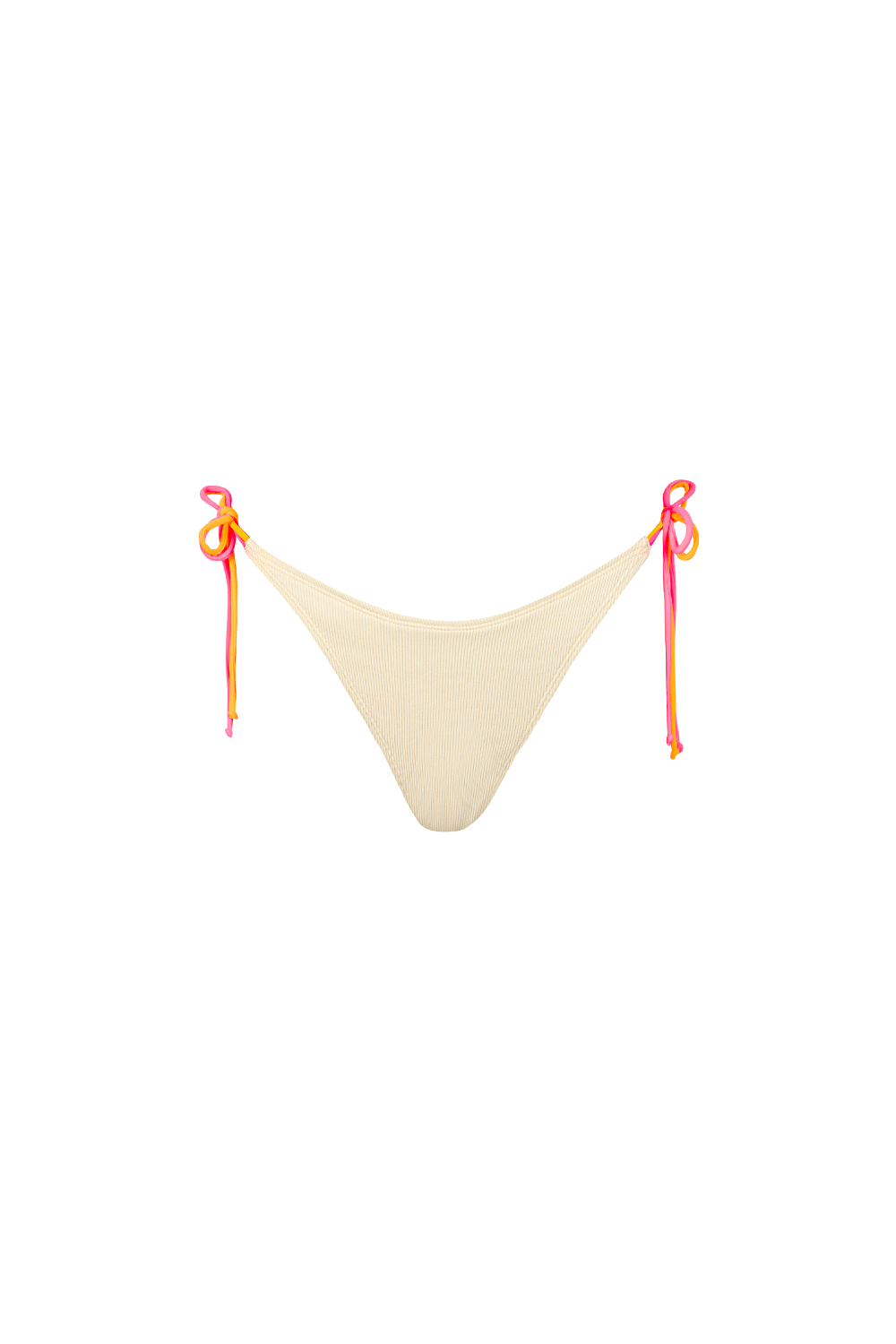 Cremefarbene Bikini Hose aus geripptem Strukturstoff mit Bändern zum Binden in Neonkoralle