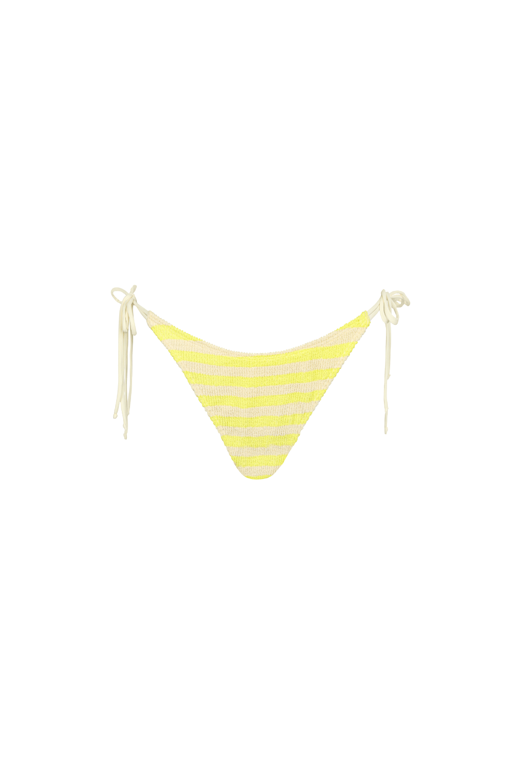 Gelb-creme-gestreifte Bikini Hose aus weichem Crinklestoff mit offwhite Bändern zum Binden