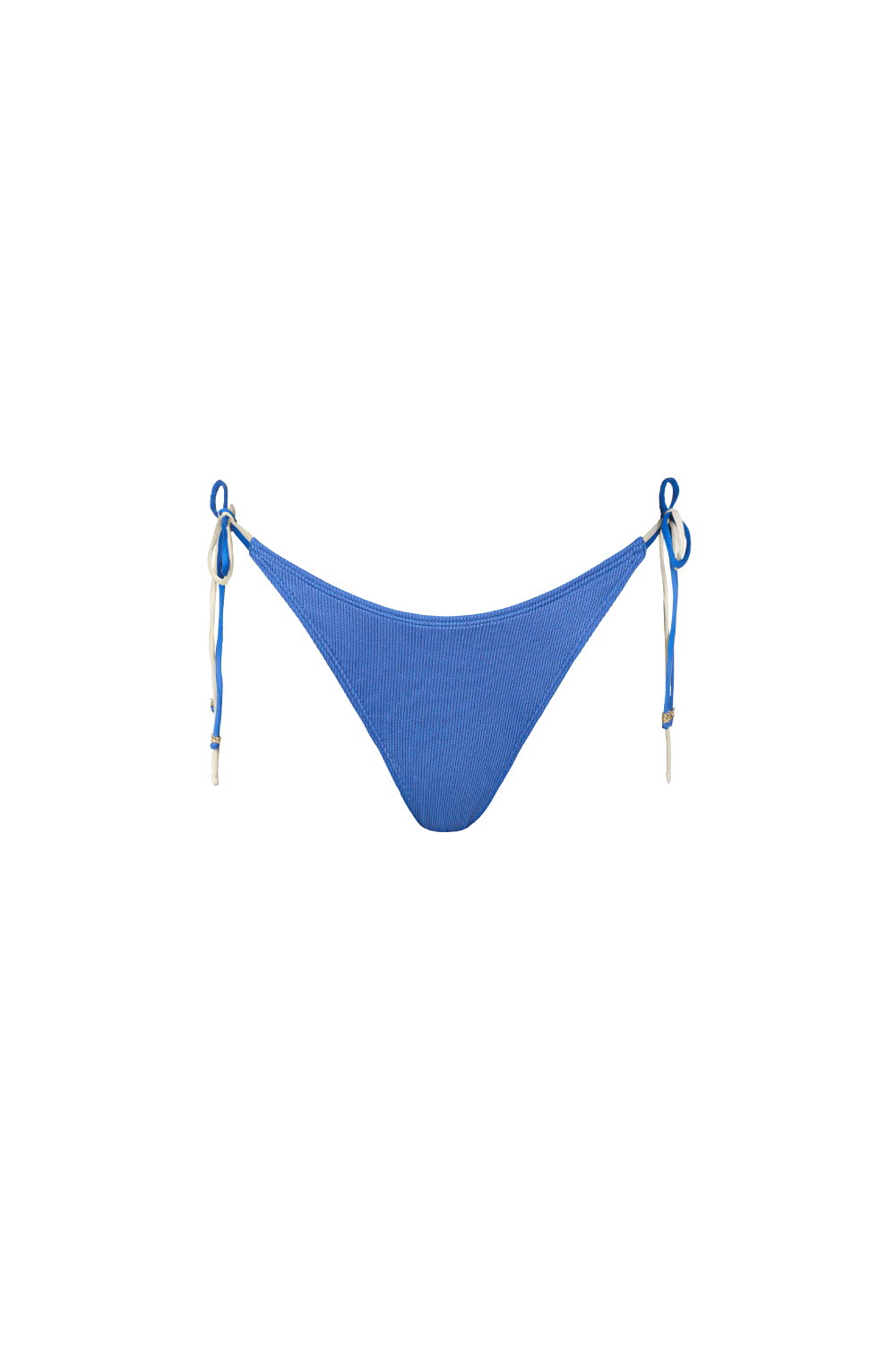 Blaue Bikini Hose aus geripptem Strukturstoff mit blauen und offwhite Bändern zum Binden